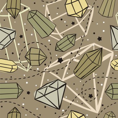 Kristalleri ve yıldızları olan kusursuz bir vektör deseni. El yapımı değerli taşlar, elmaslar, elmaslar, zümrütler ve yakutlar. Kuyumcu, bijouterie, sihir ve mucize için vektör illüstrasyonu.