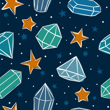 Kristalleri ve yıldızları olan kusursuz bir vektör deseni. El yapımı değerli taşlar, elmaslar, elmaslar, zümrütler ve yakutlar. Kuyumcu, bijouterie, sihir ve mucize için vektör illüstrasyonu.