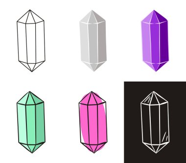 Farklı stillerde kristallerin bir koleksiyonu: karalama, kontür, tebeşir. El yapımı mücevherler, elmaslar, zümrütler ve yakutlar. Kuyumcu, bijouterie, satış, sihir ve mucize için vektör illüstrasyonu