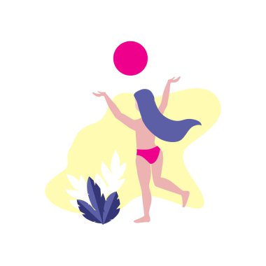 Mutlu, külotlu güzel bir kadın ya da kızın sarı arka planda bitkilerle el ele tutuşmasının temsilcisi. Aktivite, yaz tatili, spor, mutlu yeni gün konsepti. 