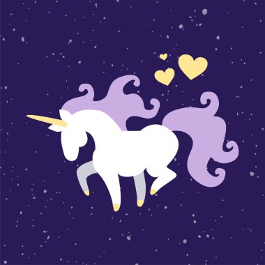 Sihirli beyaz, dans eden tek boynuzlu atın temsili çizimi arka plandaki lekeler üzerinde kalplerle izole edilir. Yıldızlı gece gökyüzü. Çocuklar, çocuk konsepti. Poster, kart, yazdırma şablonu