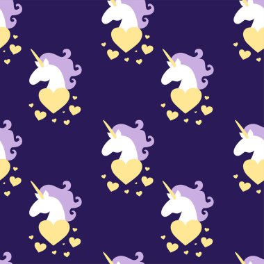 Şişko, beyaz tek boynuzlu atların başları ve kalplerinin etrafında mor yeleler var. Yıldızlı gece gökyüzü. Çocuklar, çocuk konsepti. Tekstil şablonu