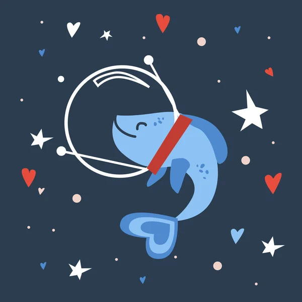 矢量在星空的太空头盔上手绘了一个可爱的鱼图片 概念为儿童设计 可爱的卡通人物为儿童房间海报 太空中有趣的海洋生物作为宇航员 — 图库矢量图片