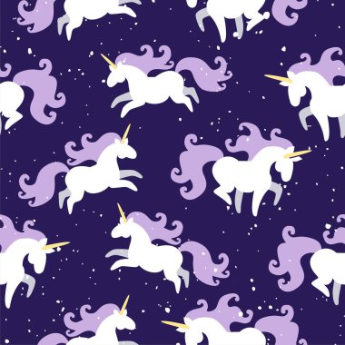 Eflatun yeleli, beyaz, sihirli, tek boynuzlu atların kusursuz deseni gece gökyüzünde koşuyor. Yıldızlı gece gökyüzü. Çocuklar, çocuk konsepti. Tekstil şablonu