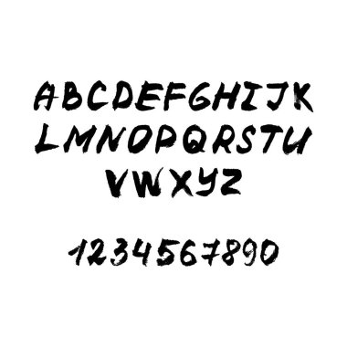 Vektör el fırça yazı tipi çizilmiş. Sayılı siyah mürekkep alfabesi
