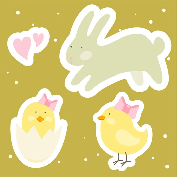 Cartoon Mignon Collection Autocollants Pâques Avec Bébé Poulet Lapin Coquille — Image vectorielle