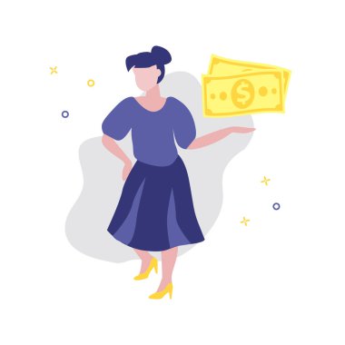 Dolarları gösteren kız ya da kadının vektör çizimi. Satış, online alışveriş, alışveriş uygulaması, tüketici konsepti.
