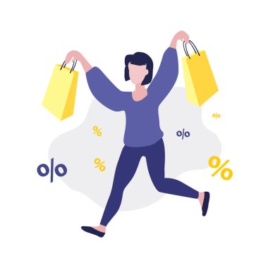 Başının üstünde alışveriş torbalarıyla koşan mutlu kız ya da kadının vektör çizimi ve etrafında yüzde düşüşü. Satış, çevrimiçi alışveriş, alışveriş uygulaması, tüketici, indirim teklifi kavramı. 