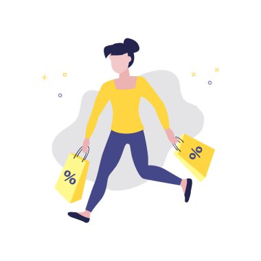 Elinde yüzde yüzüyle alışveriş torbalarıyla koşan kız ya da kadının vektör çizimi. Satış, çevrimiçi alışveriş, alışveriş uygulaması, tüketici, indirim teklifi kavramı. 