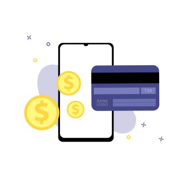 Kredi kartı veya banka kartı ve bozuk paralarla akıllı telefonun vektör çizimi. Çevrimiçi alışveriş, alışveriş uygulaması, para değişimi konsepti. Akıllı telefon çevrimiçi ödemeleri