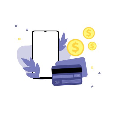 Kredi kartı veya banka kartı ve bozuk paralarla akıllı telefonun vektör çizimi. Çevrimiçi alışveriş, alışveriş uygulaması, para değişimi konsepti. Akıllı telefon çevrimiçi ödemeleri