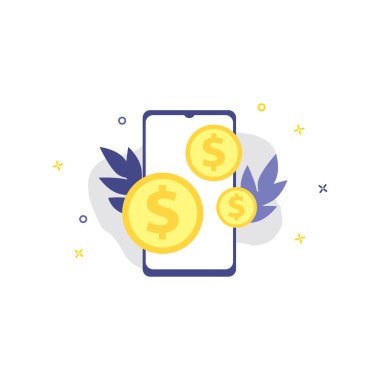 Bozuk paralarla akıllı telefonun vektör çizimi. Çevrimiçi alışveriş, alışveriş uygulaması, para değişimi konsepti. Akıllı telefon çevrimiçi ödemeleri