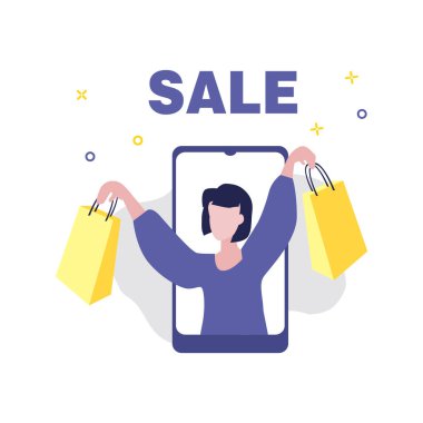 Akıllı telefon ve kelime satışı ekranında kız ya da kadının vektör çizimi. Satış, çevrimiçi alışveriş, alışveriş uygulaması, tüketici, indirim teklifi kavramı. 