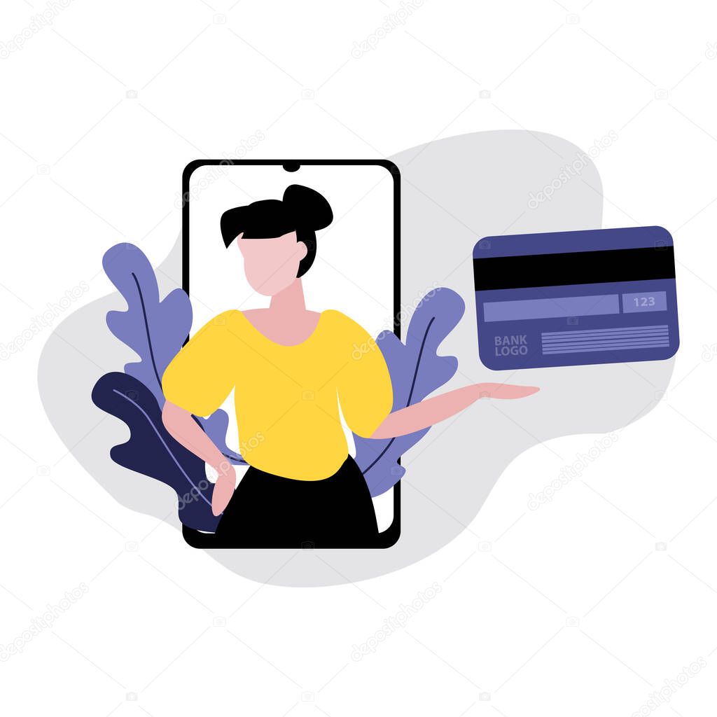 Vector illustration of girl or woman with payment card . Sale, online shopping, shopping app, consumer  concept. Plastic credit card and smartphone. Online payments by credit card template