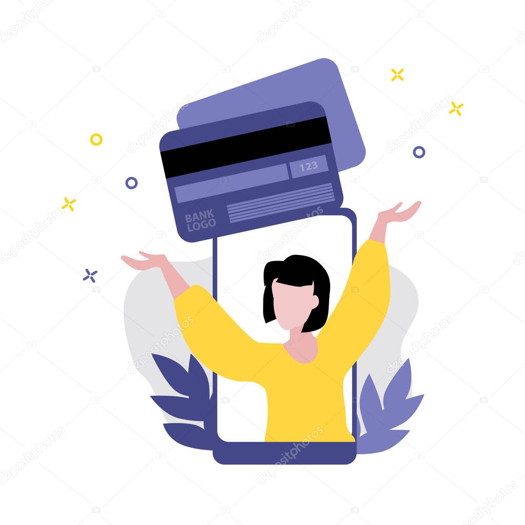 Vector illustration of girl or woman with hands up with credit plastic card on screen of smartphone. Sale, online shopping, shopping app, consumer, discount offer concept. 