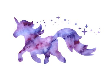 Tek boynuzlu at çizimi beyaza izole edilmiş. Silüet atı elle çekin. Tatlı sihirli çizgi film fantezi hayvanı. Suluboya çizimi. Çocuklar için tasarım