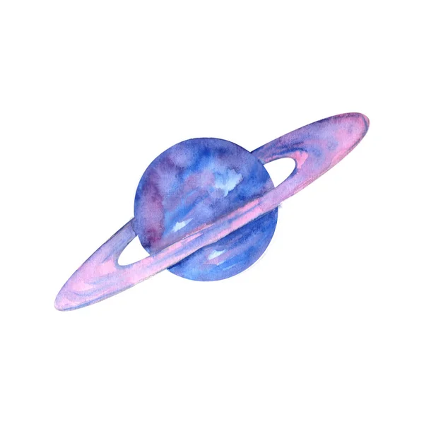 Aquarela Desenhada Mão Planeta Saturno Com Anéis Isolados Sobre Fundo — Fotografia de Stock
