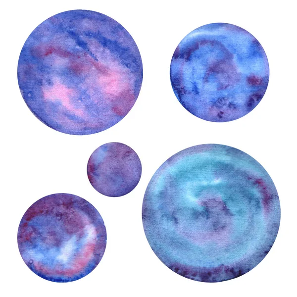 白い背景に孤立した惑星の手書きの水彩セット アクエラレの輪 水彩色のテクスチャペーパー ペイントデザインテンプレート — ストック写真