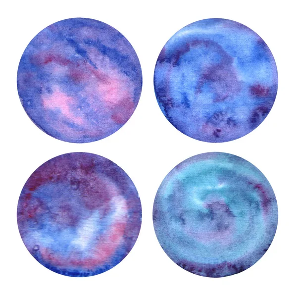 손으로 물색의 행성들은 배경에 고립되어 있습니다 아쿠아 원이에요 자주색 페인트 — 스톡 사진