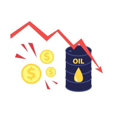 Ekonomik tabloda kırmızı ok ve dolar paralarının olduğu düz petrol varilinin temsili. Finansal dünya krizi konsepti. Petrol fiyatlarında düşüş, piyasa düşüşü, ekonomi şokta