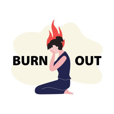 Vector elleri çizilmiş bir kız ya da siyah saçlı bir kadın kafasının üstünde alevlerle yerde oturuyor ve ağlıyor. Tükenme, depresyon ya da zihinsel bozukluk konsepti. Siluet arka planda izole edildi