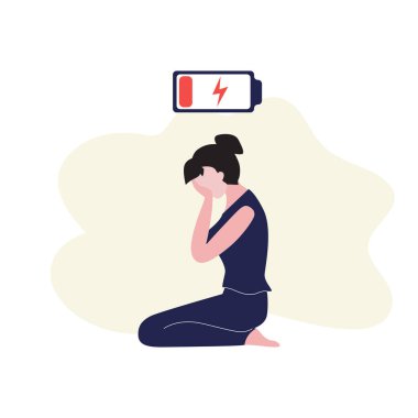 Stresli bir kadının yerde oturup ağladığını gösteren düz bir yansıma. Başının üstünde kırmızı tereyağı var. Tükenme, iş stresi, sıkı çalışma konsepti