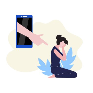 Oturup ağlayan bir gencin temsili ve akıllı telefonuyla onu işaret eden bir resim. Suçlama, sosyal ağlar zorbalık, taciz.