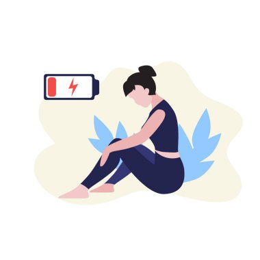 Kafasının üstünde kırmızı tereyağı olan oturan bir kadının vektör düz çizimi. Tükenme, iş stresi, yorgun anne ya da çok çalışma konsepti.