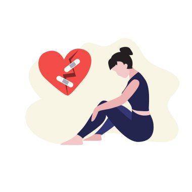 Beyaz kadının vektör çizimi yerde ve kırık bir kalbin etrafında çatlak ve yamayla oturuyor. Depresyon, taciz, taciz veya zorbalık kavramı. 