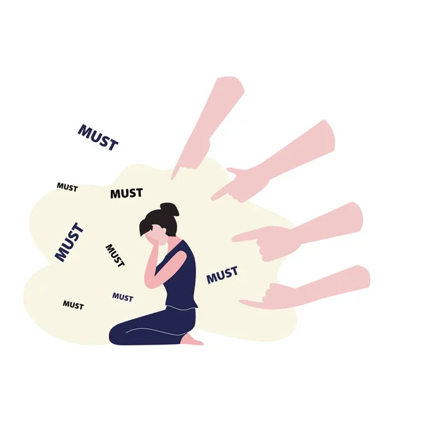 矢量的例子 坐在地板上哭泣的女人 黑头发 大手指着她的手指和字 对年轻妇女或母亲概念的社会压力 — 图库矢量图片