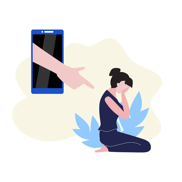 矢量图片上坐着哭泣的青少年 并交上智能手机指指点点她 社交网络欺负 — 图库矢量图片