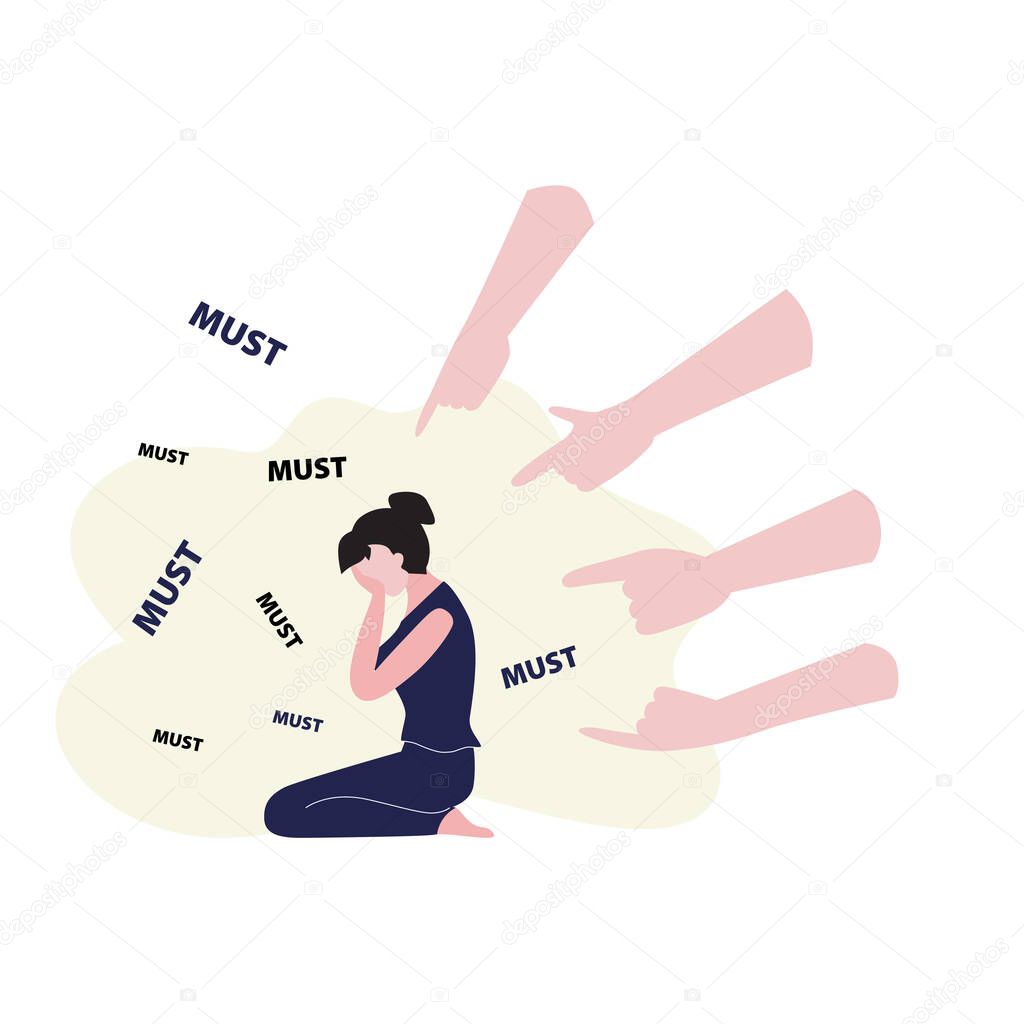 Vector illustration of sitting on the floor crying woman with dark hair and big hands pointing a finger on her and word 