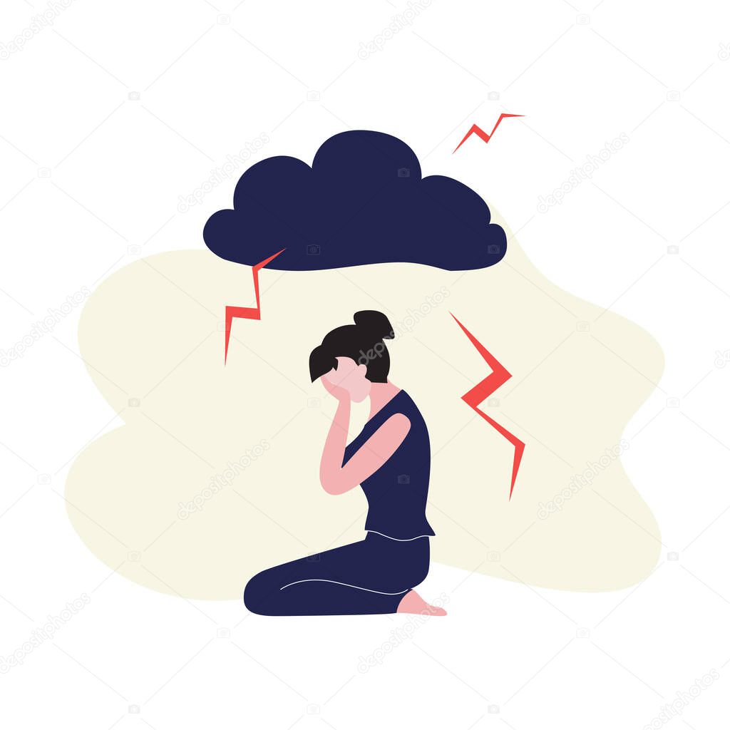 Vector illustration of white woman with long dark hairs sits on the floor and crying with dark cloud above head with thunder. Depression, harrassment, abuse or bullying concept. 