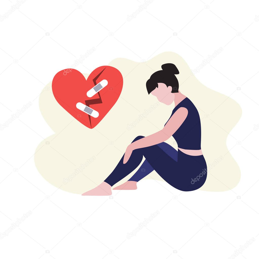 Vector illustration of white woman sits on the floor and  around broken heart with crack and patch. Depression, harrassment, abuse or bullying concept. 