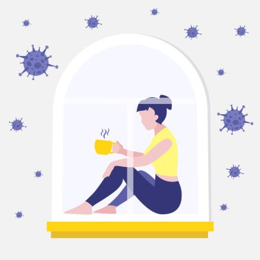Pencere kenarındaki kıza kahve ya da karantinadaki çay gibi bir bardak sıcak içecekle oturmanın vektör çizimi. Pencerenin etrafındaki virüsler. Coronavirus konsepti. Evden uzak bir iş. Evde kal..