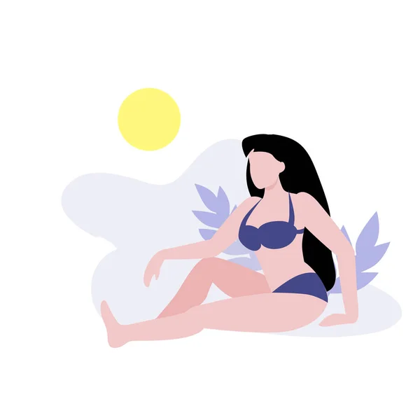 ビーチは太陽の下で座って白い女性のベクトルイラスト 紫の女性は休暇中にスイートやビキニ日焼けを泳ぐ 週末の概念に体の肯定的な女性を緩和します 平面設計 — ストックベクタ