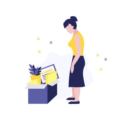 Bir kutu iş eşyası ile stres içindeki kovulmuş bir kadının vektör çizimi. İşsizlik sorunu, gevşek iş, koronavirüse neden olur. İşsiz kişi karantinada.