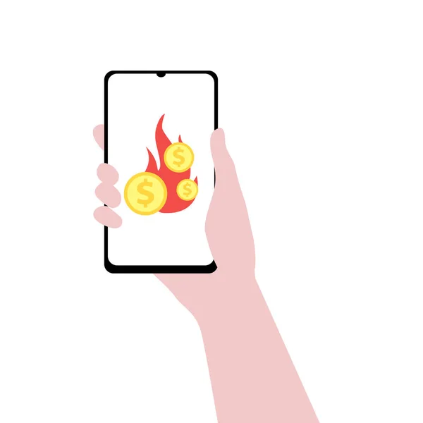 Illustration Vectorielle Main Avec Smartphone Avec Argent Feu Écran Crise — Image vectorielle