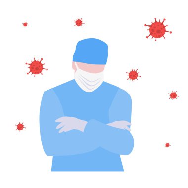 Göğsünde çapraz ellerle virüsler olan doktor ya da maskeli hemşirelerin vektör çizimi. Tıbbi uyarı kavramı