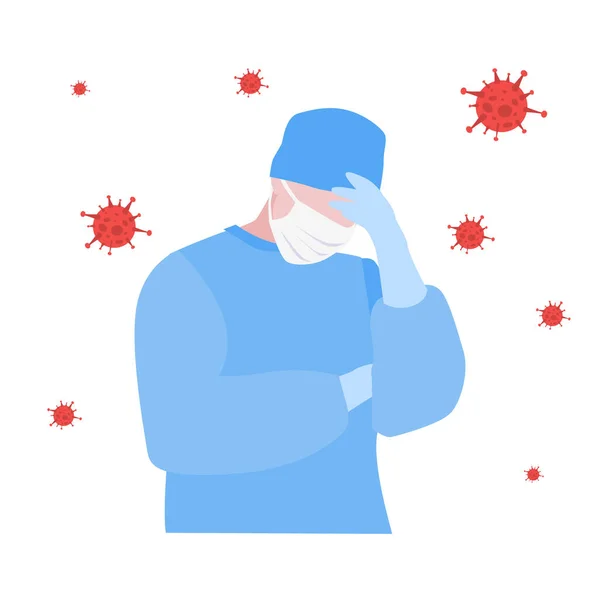 带着面具的疲惫医生或护士在病毒周围的病媒图解 有压力的医疗工作者 医疗概念 — 图库矢量图片
