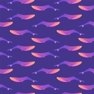 Derin mavi menekşe arkaplanda vektörsüz desen ve modern renklerde balinalar. Parmak izi, tekstil.