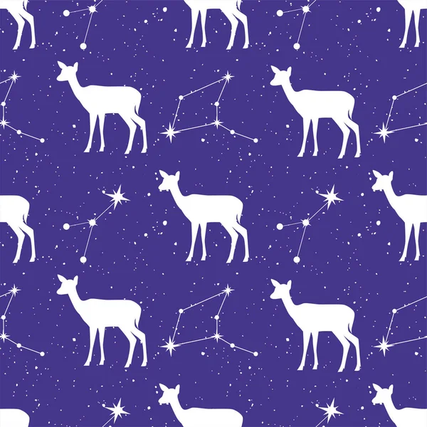 Vector seamless pattern of deep blue violet starry dust and grain background with white deers or does and constellations of stars. For kid prints, nursery textile