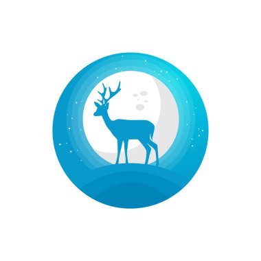Vector flat Illustration of silhouette of horn deer on full moon on a gradient sky blue backgroud with constellation of stars in round form. Used for logo, mobile app icon (UI/UX)	