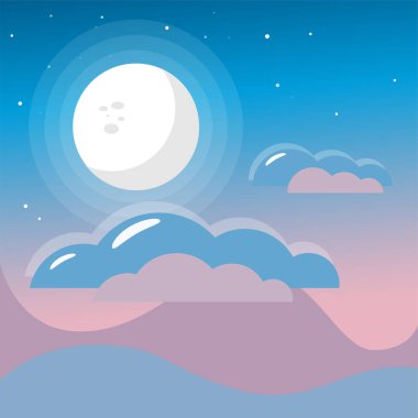 Dolunay, düz yüzey vektör çizimi, yıldızların takımyıldızı ve dağların ve bulutların etrafındaki yumuşak ışıkla akşam renklerinin gradyanı. Astronomi, çocuk kitapları konsepti