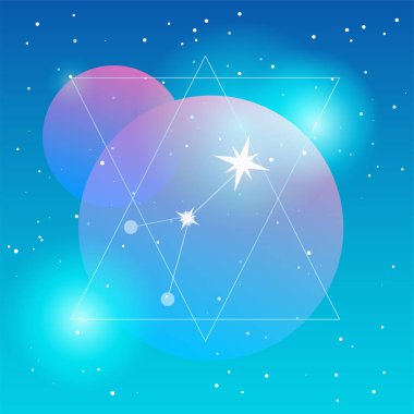 Mavi renkte iki gezegenin vektör düz çizimi. Yıldız takımyıldızı, takımyıldız, üçgen çerçeve ve yumuşak ışık. Ağ için logo, simge veya şablon için kullanılır