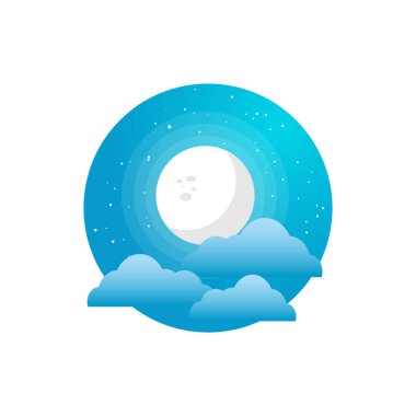 Yıldız takımyıldızlı, yuvarlak bulutlu, eğimli bir gökyüzü mavi arkaplanı üzerindeki dolunayın vektör silueti. Logo, mobil uygulama simgesi (UI / UX) veya ağ şablonları için kullanılır