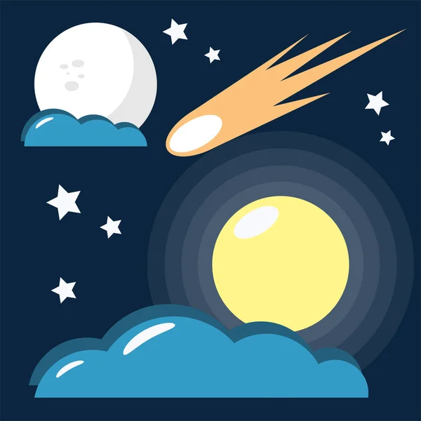 Elementi Spaziali Vettoriali Piatti Con Luna Sole Comete Stelle Nuvole — Vettoriale Stock