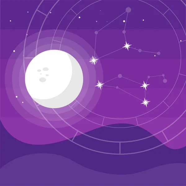 Full Moon Vector Flat Illustration Purple Gradient Backgroud Constellation Stars — Διανυσματικό Αρχείο