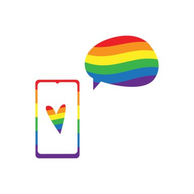 Akıllı telefonlu insan elinin vektör çizimi ve lgbt gökkuşağı renklerinde ekran ve konuşma baloncuklarını dinleyin. IGBT, özgürlük aşkı, eşcinsel gurur konsepti. Konuşma özgürlüğü