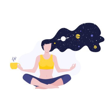 Meditasyon yapan bir kız ya da kadının uzun saçlı yoga kursuna katılmasının vektör çizimi ve kozmos ve bir fincan kahve ya da bitki çayıyla gezegenler. Zihinsel sağlık meditasyonu, sakinlik ve iç huzur. 